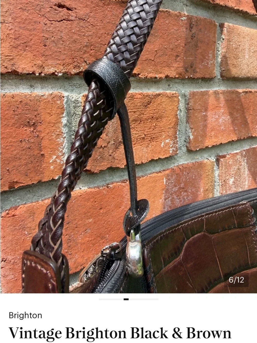 VTG Brighton Black & Brown Leather Croc Embossed Shoulder Bag Great Condition